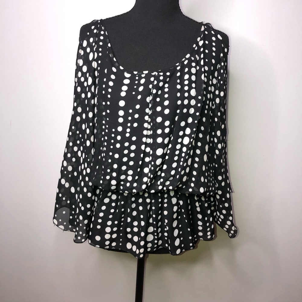 DOTS Black White Polka Dot Chiffon Sheer Blouse